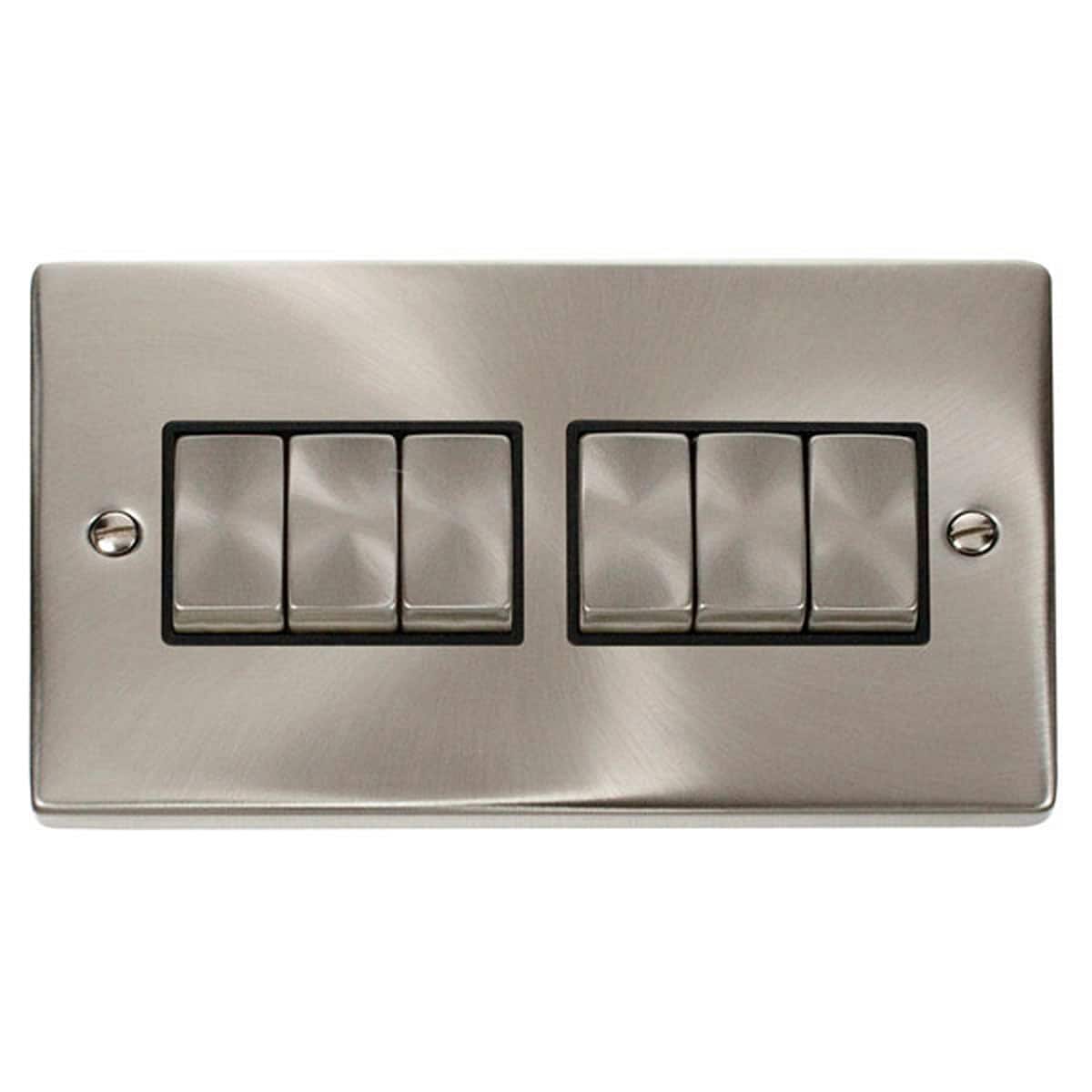 SE Home Satin / Brushed Chrome 10A 6 Gang 2 Way Ingot Light Switch in Metallic Silver