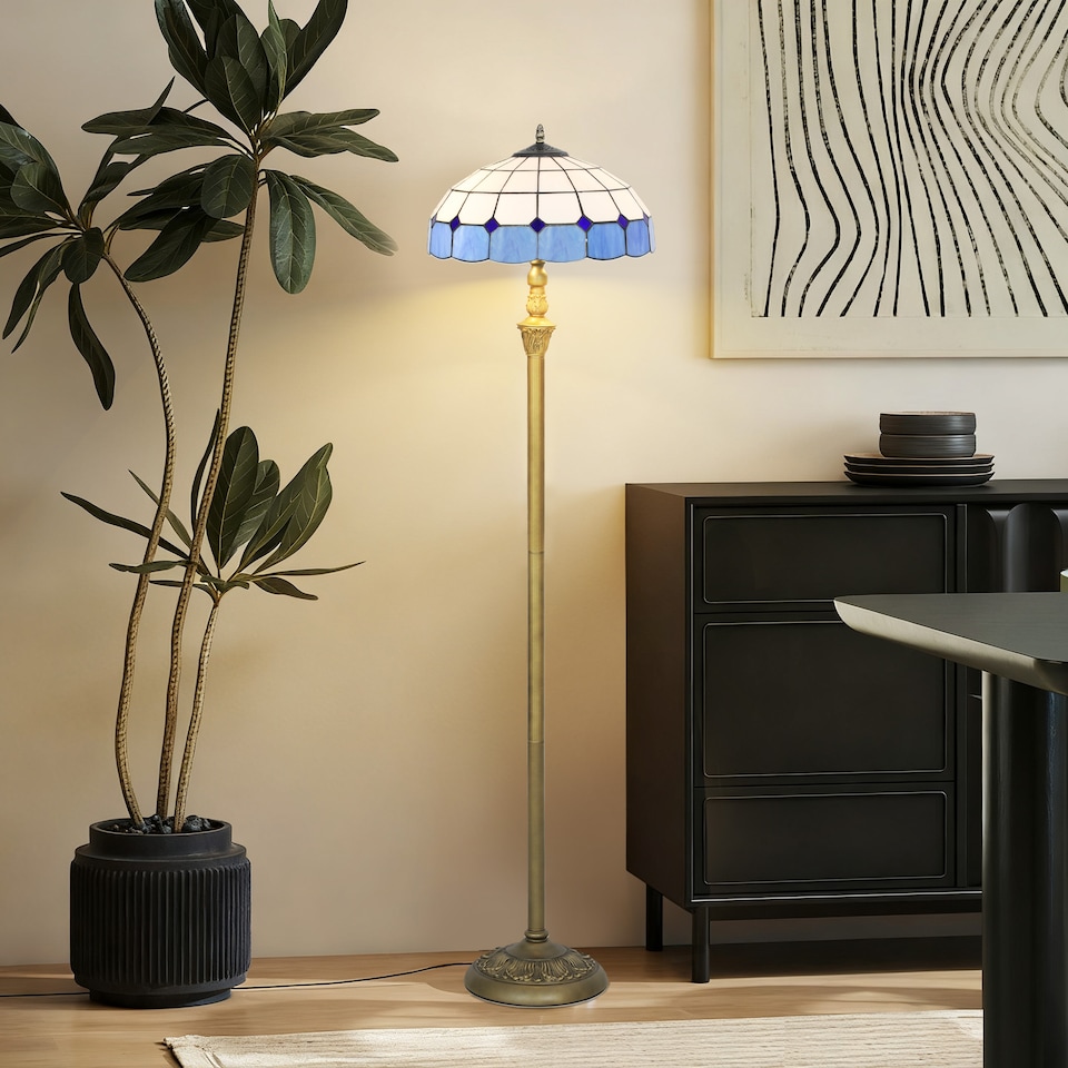 image 1 of HOMCOM Tiffany-Style Floor Lamp with Handcrafted Stained Glass Shade, 152cm Tall Vintage Standing Lamp with Foot Switch and Dual Sockets for Living Room Bedroom, Bronze Tone and Blue | Blue