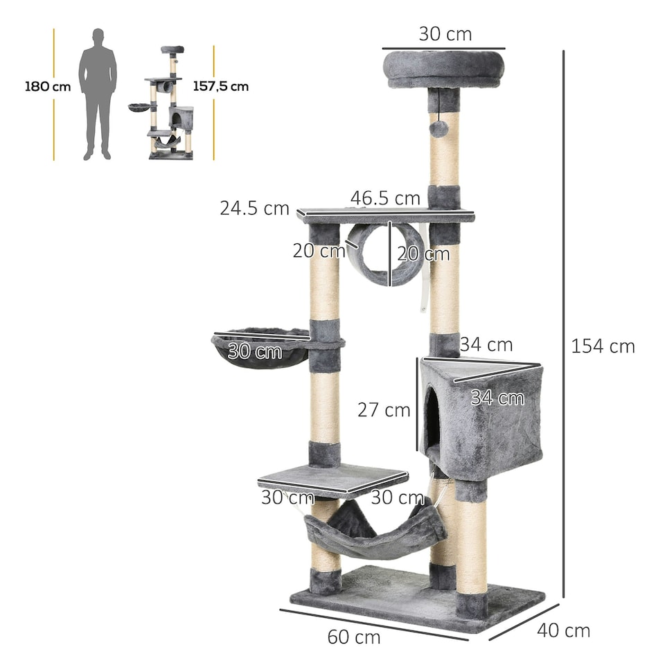 image 1 of PawHut 154cm Cat Tree Tower Multi-level Indoor Scratching Post Light Grey