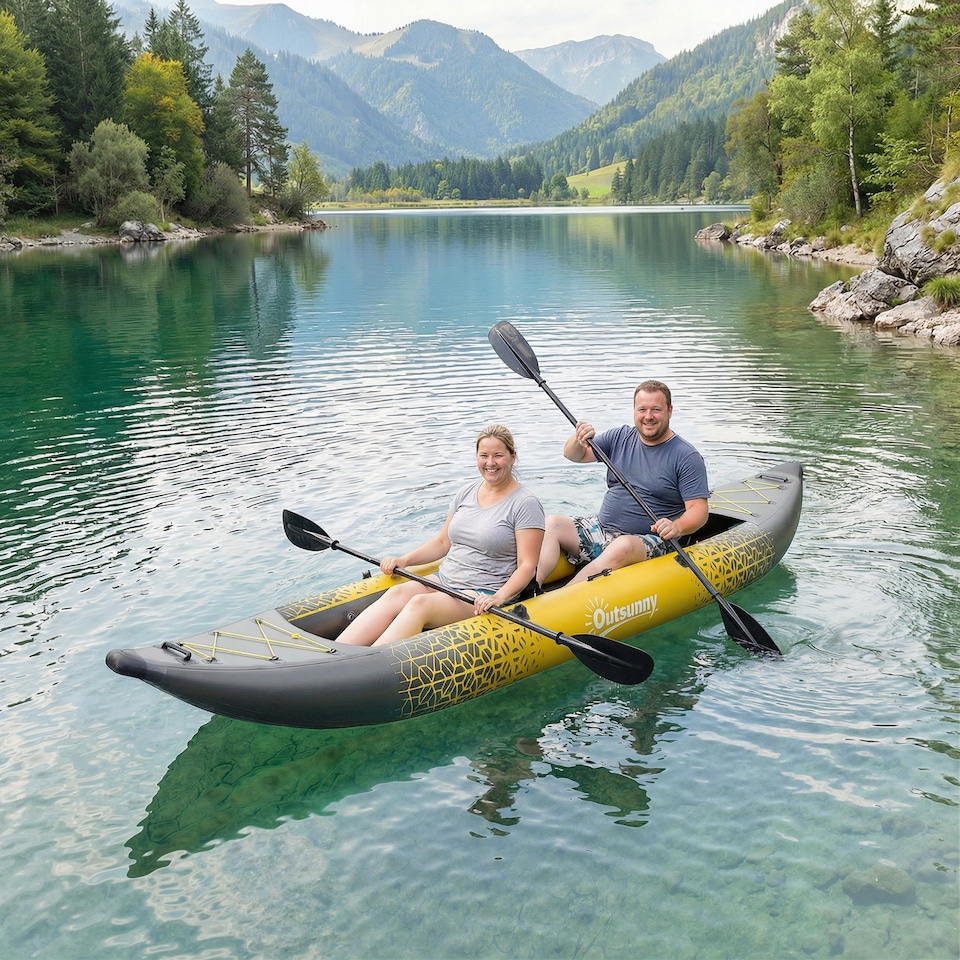 image 1 of Outsunny 2.5' Inflatable Kayak 2-person Sit on Canoe with Paddles | Grey | Yellow, Grey | 381 x 94 x 40 cm