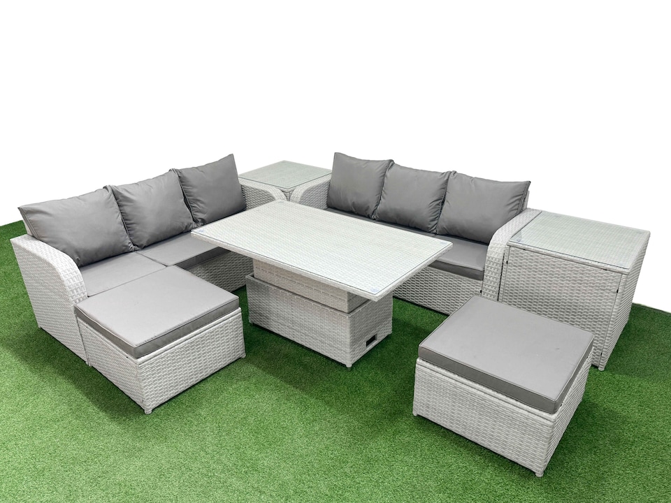 image 1 of Fimous Outdoor Garden Furniture Sets 8 Seater Wicker Rattan Furniture Sofa Sets with Adjustable Lifting Dining or Coffee Table high Back Lounge Sofa 2 Big Footstool 2 Side Table Light Grey