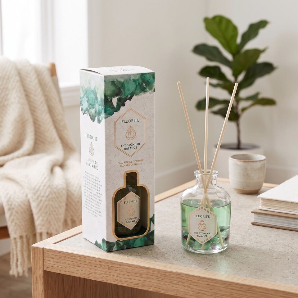 image 1 of Homescapes Green Fluorite Crystal Reed Diffuser – Black Tea & Vetiver Scent