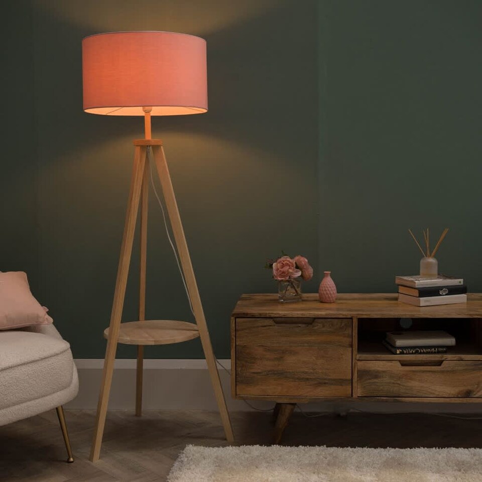 image 1 of ValueLights Morrigan Blush Shade Wooden Tripod Floor Lamp & Bulb | Pink