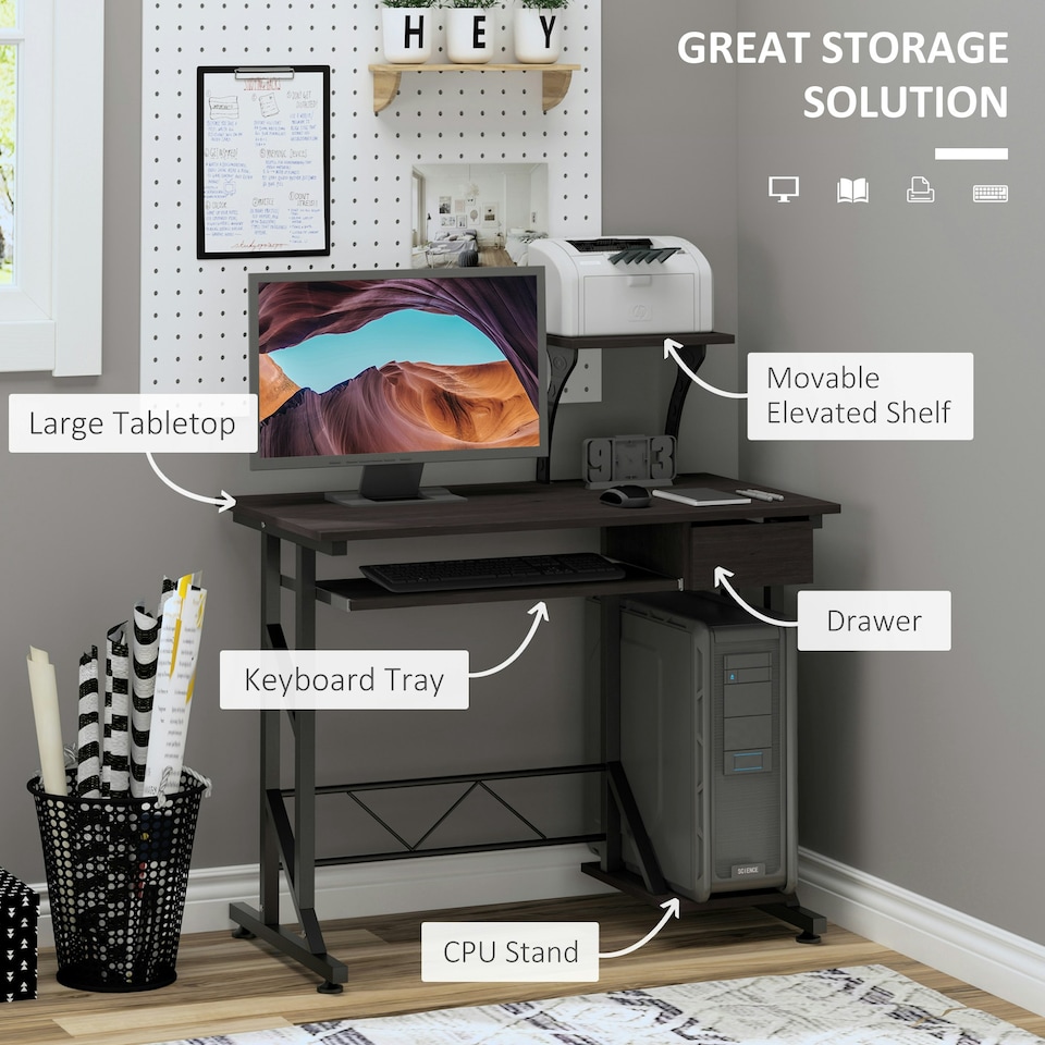 image 1 of HOMCOM Computer Desk Quality Office Home PC Shelf Tray Wood Station Dark Brown
