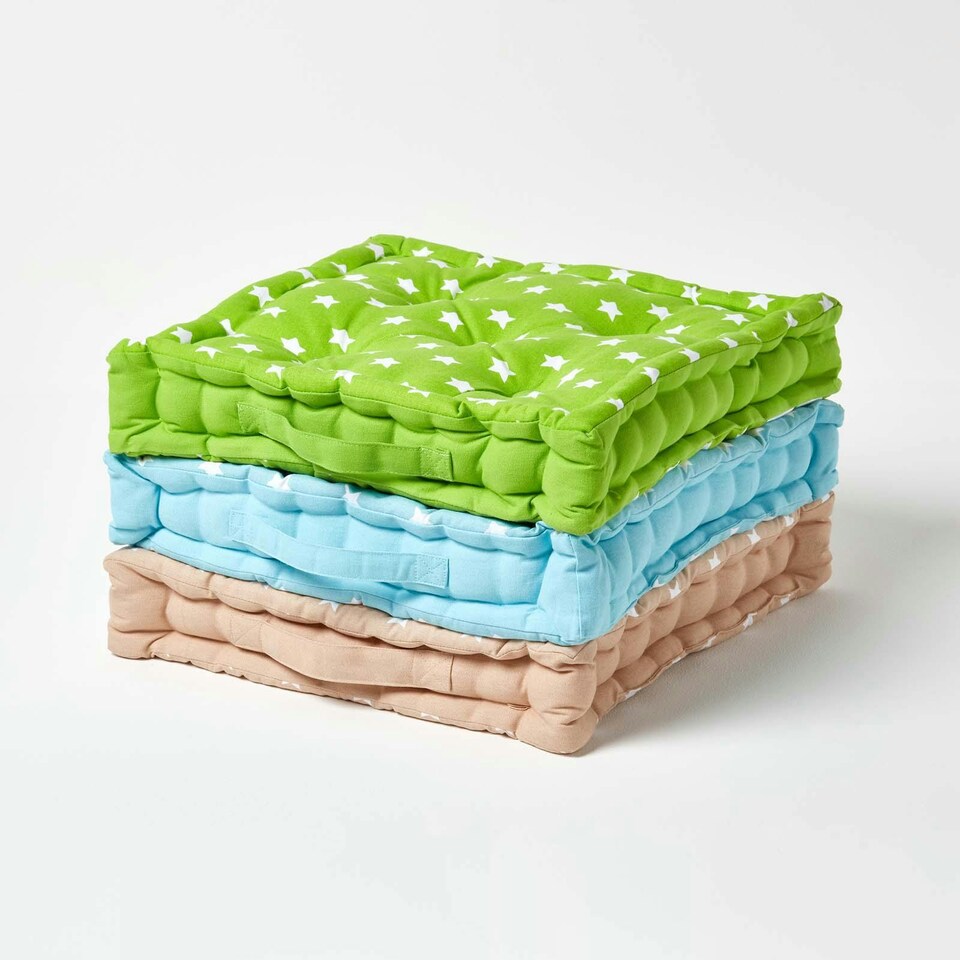 image 1 of Homescapes Cotton Green Stars Floor Cushion - 50 x 50 cm | Green | 50 x 50 cm