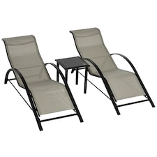 Outsunny 3 Pieces Sun Lounger Chair Set, Metal Frame Outdoor Garden Recliner Chairs with Glass Top Side Table and Armrests for Patio, Grey