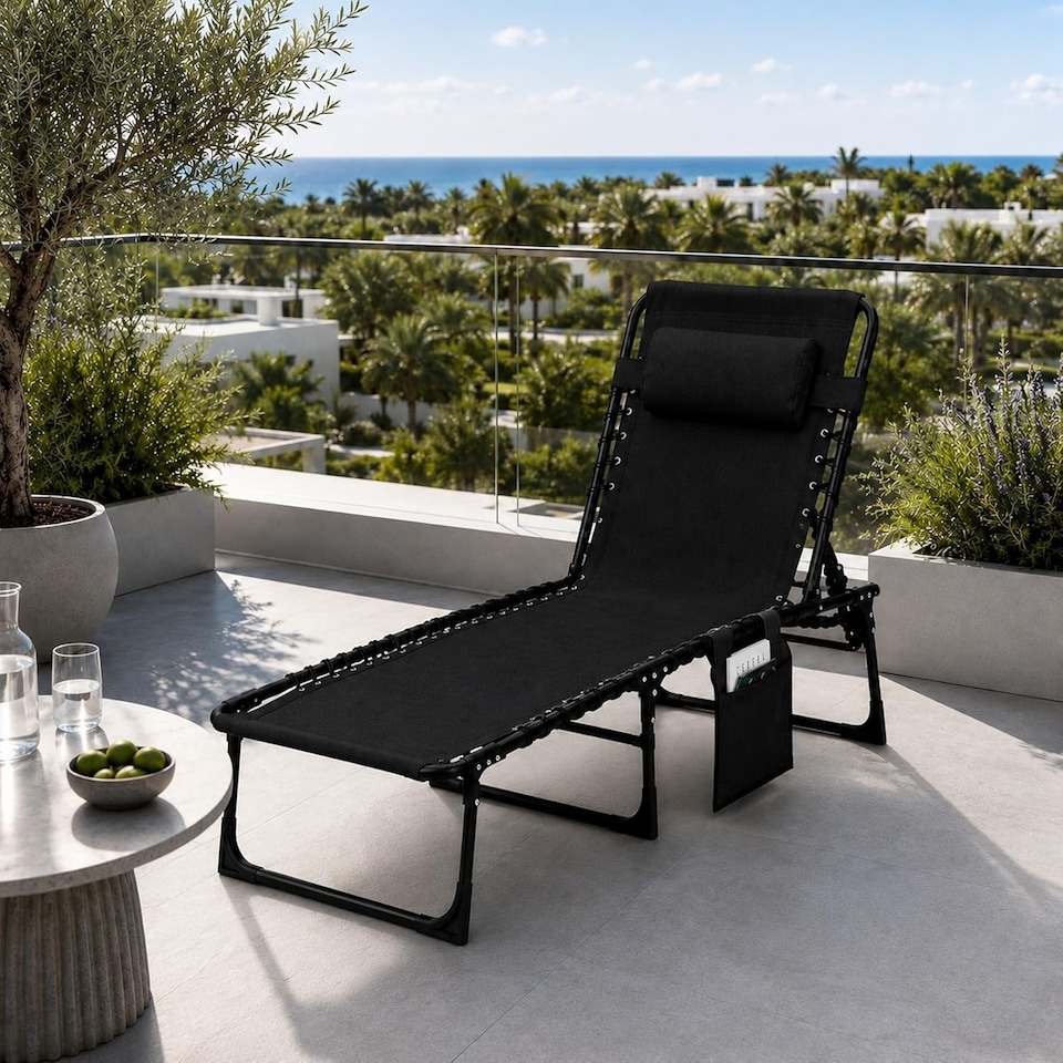 image 1 of Black Folding Sun Lounger with Adjustable Backrest - Portable Sunbed Chair, Steel Frame, Oxford Fabric, Garden Recliner Bed