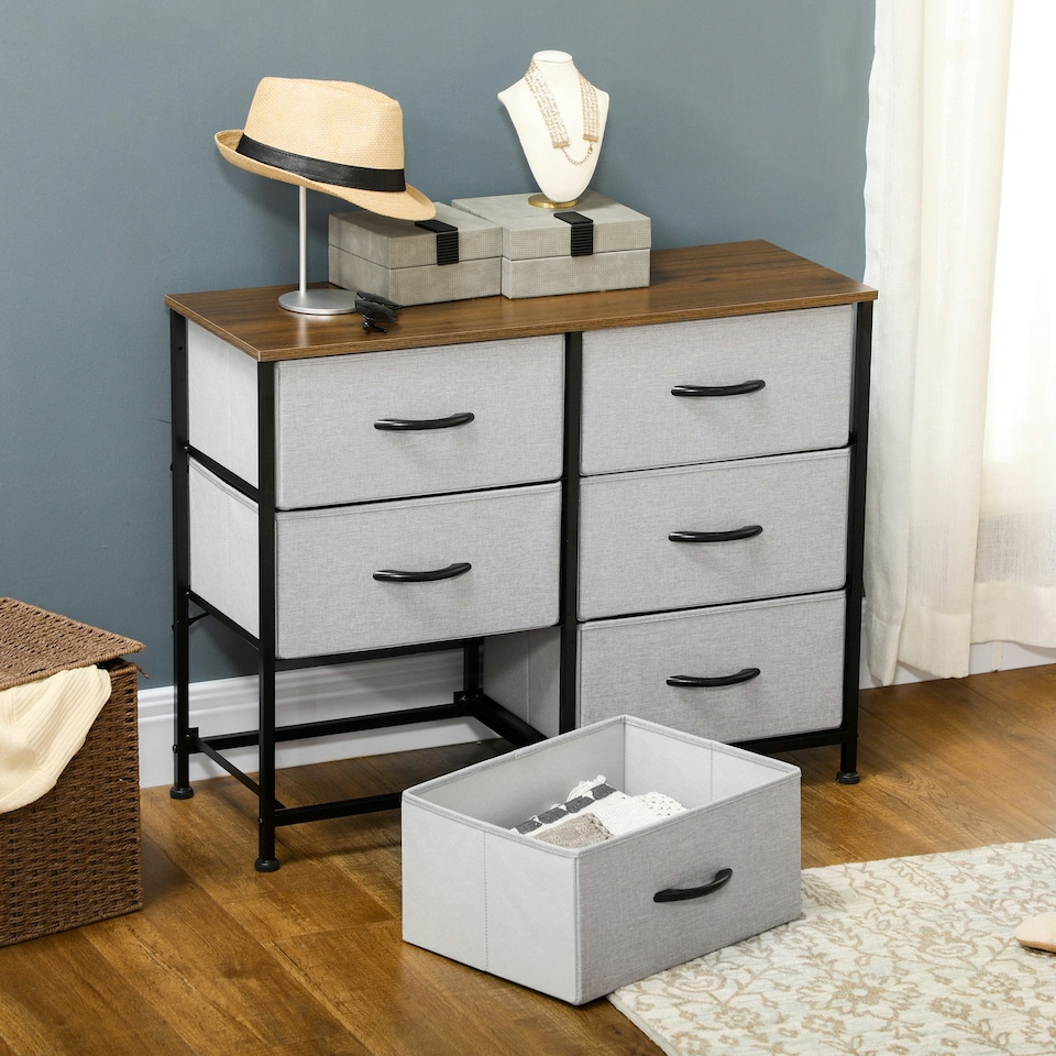 image 1 of HOMCOM 6 Drawer Fabric Chest of Drawers w/ Wooden Top for Hallway Grey