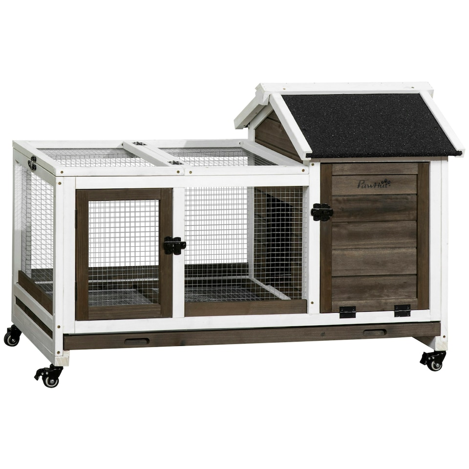 image 1 of PawHut Rabbit Hutch, Guinea Pig Cage with Wheels, Outdoor/Indoor, Brown