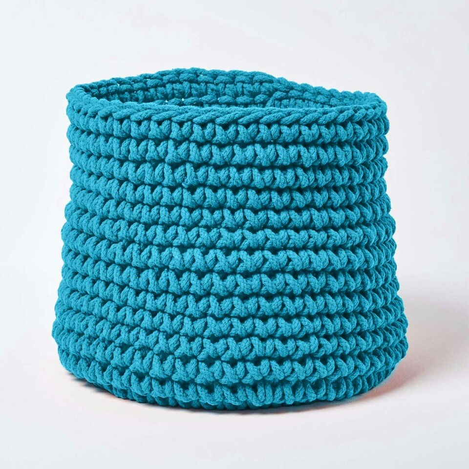 image 1 of Homescapes Teal Blue Cotton Knitted Round Storage Basket - 42 x 37cm | Blue | L