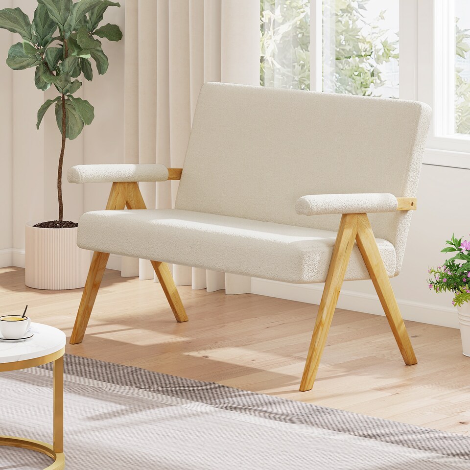 image 1 of COSTWAY Loveseat Sofa Comfy Upholstered Sherpa Couch with Armrests Beige