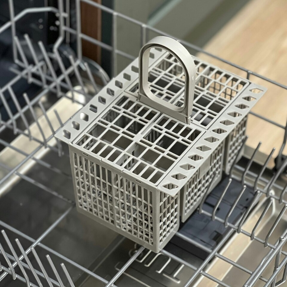 image 1 of SPARES2GO Cutlery Cage Basket compatible with Bosch Neff Siemens Dishwasher (Grey, Removable Handle, 225mm)