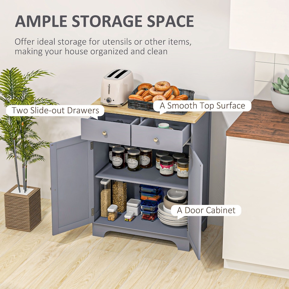 image 1 of HOMCOM Rubber Wood Top Kitchen Side Cabinet with Adjustable Shelf, Grey
