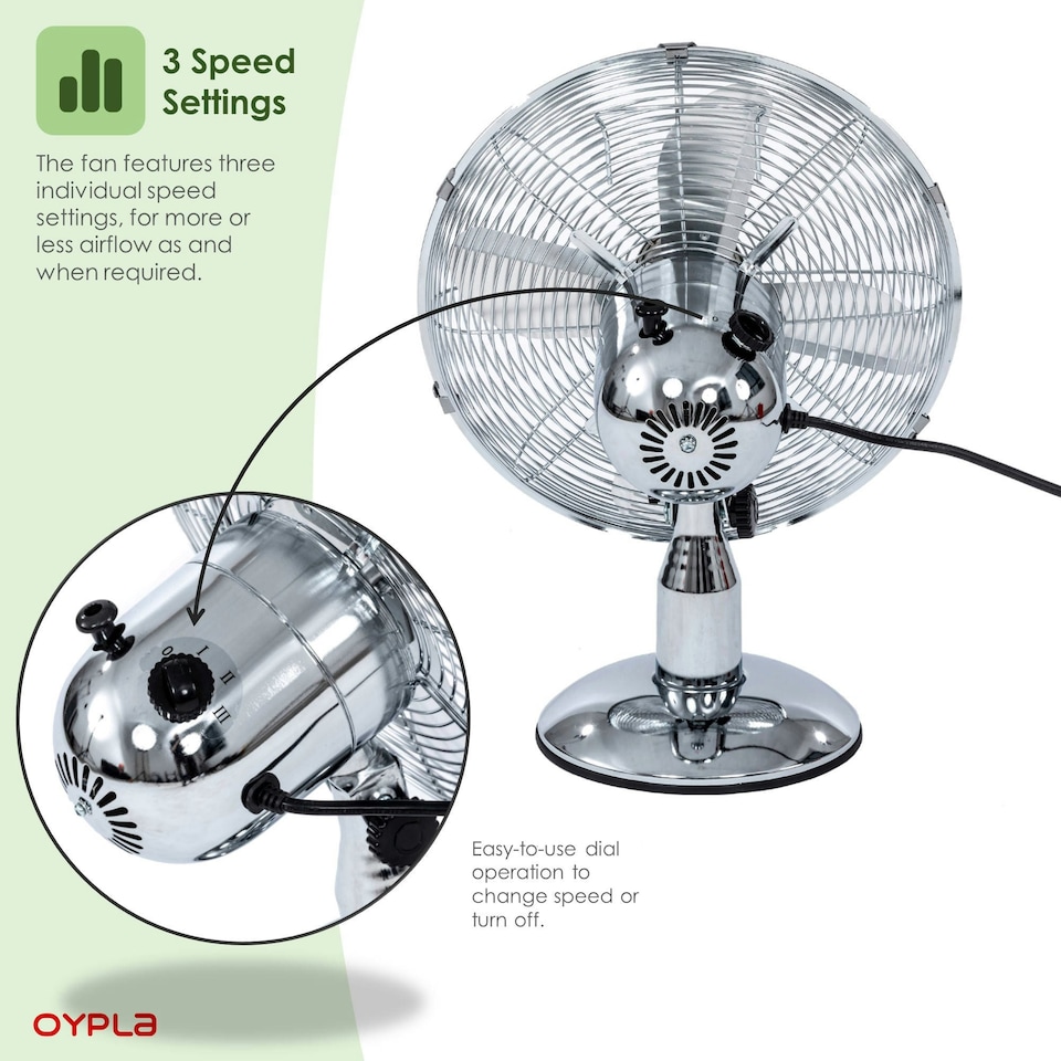 image 1 of Oypla Electrical 12" Inch Chrome Metal 3 Speed Desk Fan Oscillating