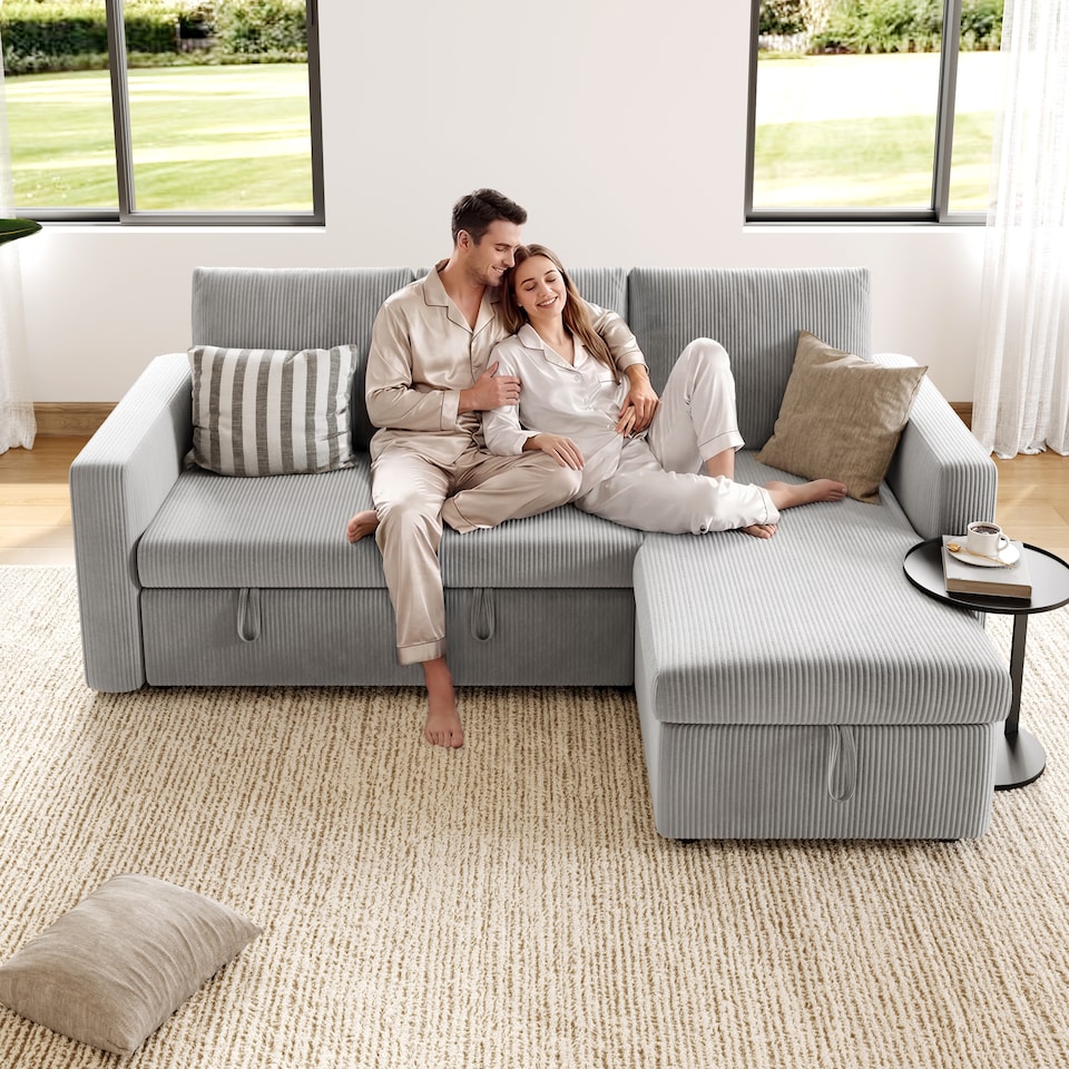 image 1 of Yaheetech 3 Seater Convertible Sectional Sofa with Reversible Chaise, Pull-Out Sleeper Bed and Storage Compartment, L-Shaped Couch, Light Grey