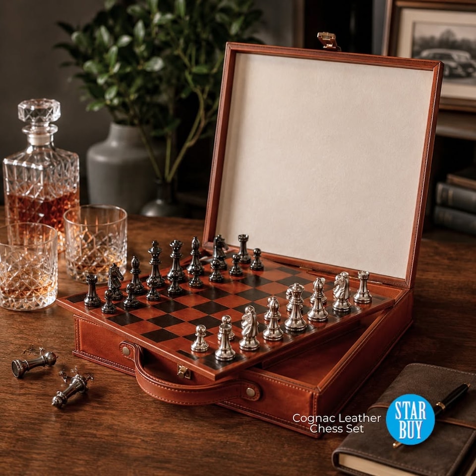Cognac Leather Chess Set Cased