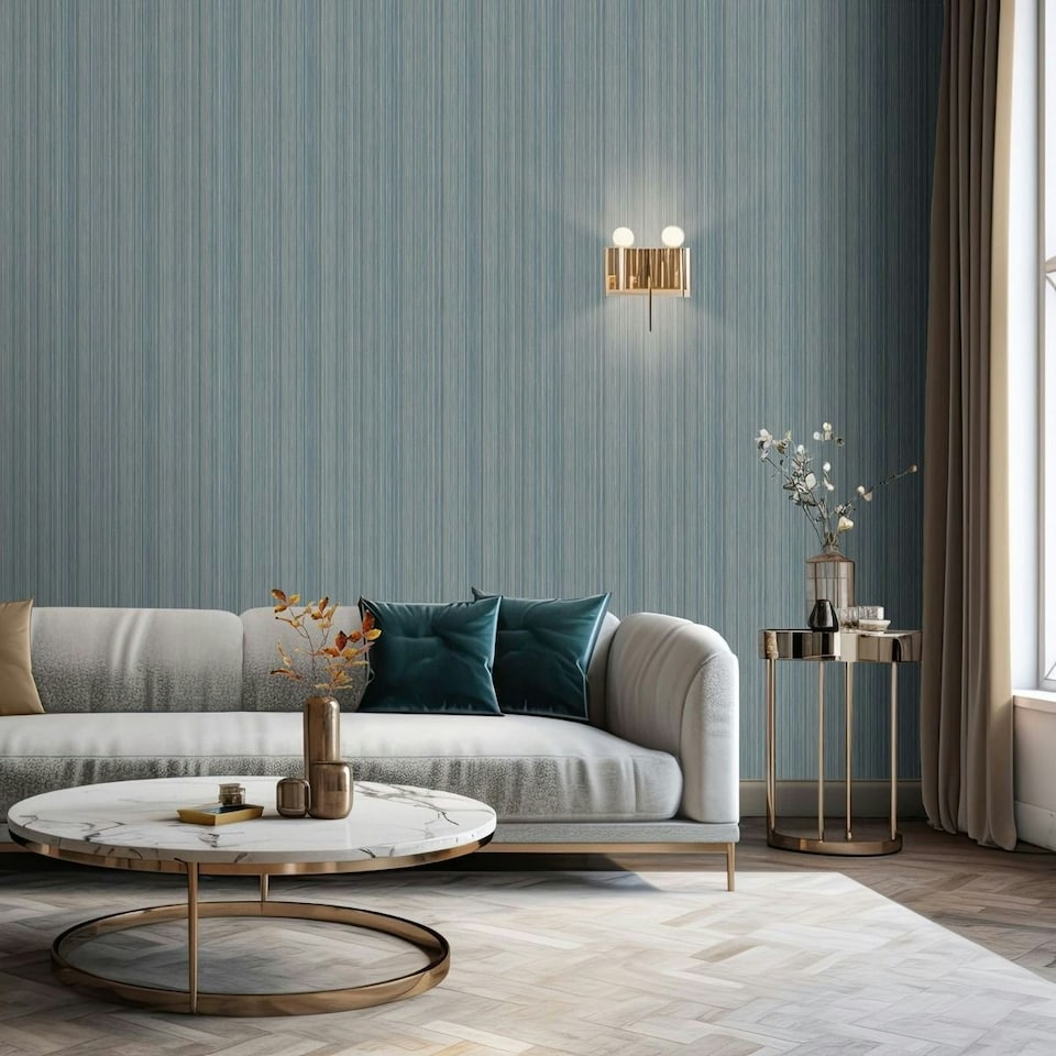 image 1 of Muriva Venezia Stripe Textured Wallpaper - Blue - 10m x 53cm Blue
