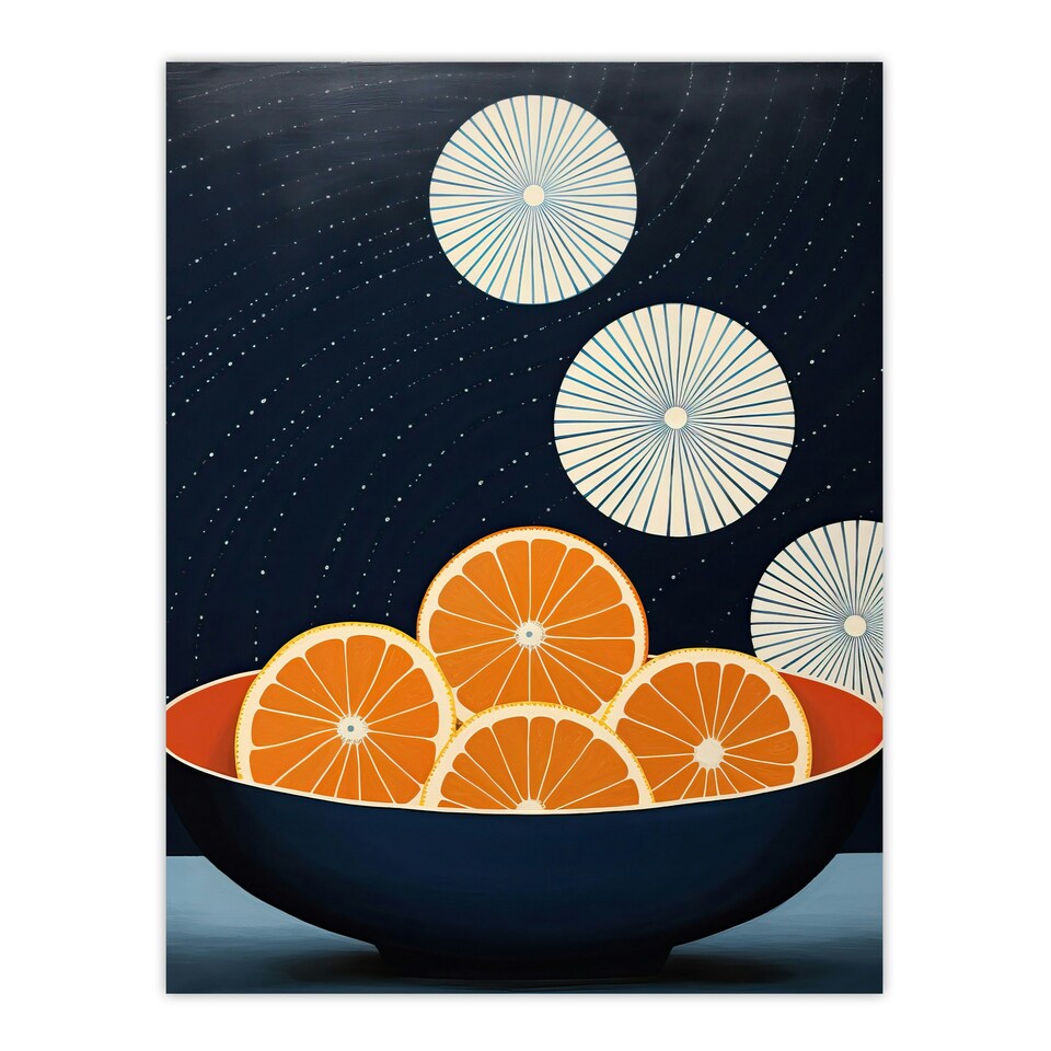 image 1 of Citrus Circles Oranges Bowl Night Sky Home Decor Black Framed Wall Art Print A4