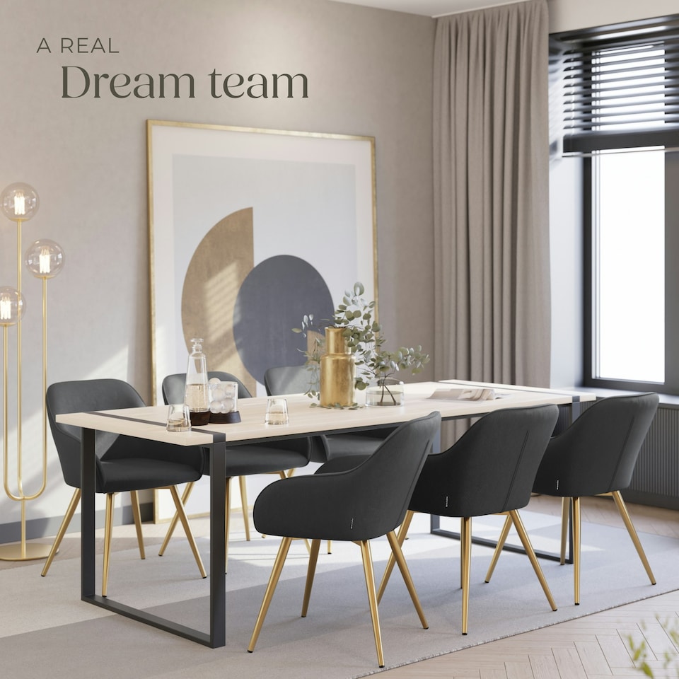 image 1 of Dining Chair Marilyn - corduroy look, upholstered, armchair, continuous backrest - Set of 6 Grey | Anthracite/Gold