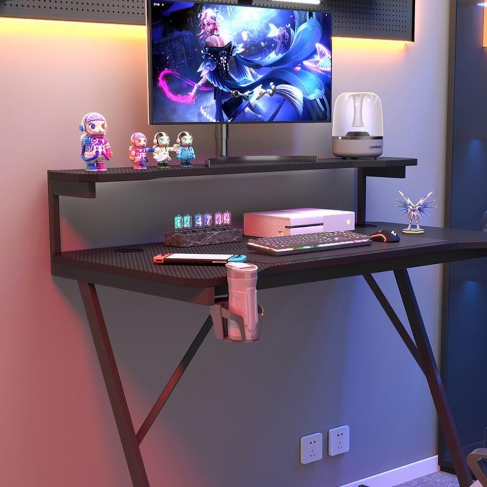 image 1 of House of Home Gaming Desk with Monitor Stand Carbon Fibre Black 80cm | Black
