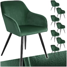 Dining Chair Marilyn - with armrests, padded, velvet look, black steel legs - Set of 8 Green | Dark Green/Black