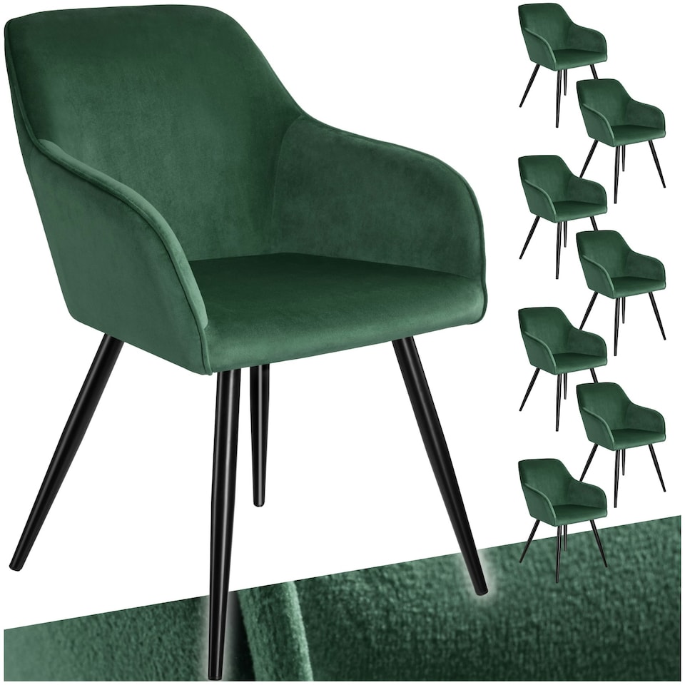 image 1 of Dining Chair Marilyn - with armrests, padded, velvet look, black steel legs - Set of 8 Green | Dark Green/Black