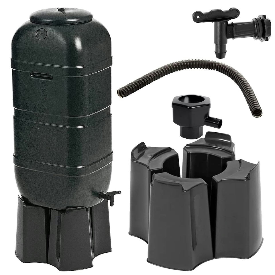 image 1 of 100L Black Slimline Space Saver Water Butt Kit Complete with Stand, Lid and Diverter Rain Saver For Gardens & Decking Areas