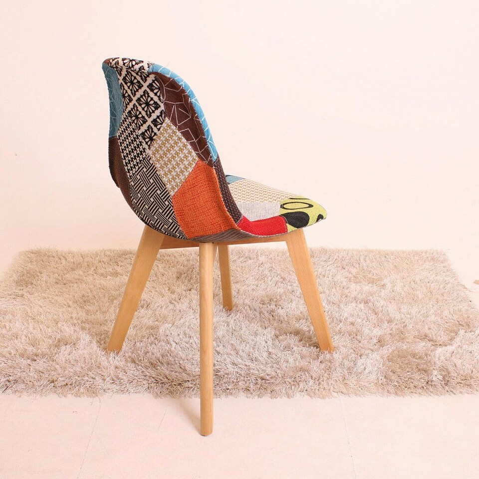 image 1 of Single Patchwork Multi Colors Fabric Dining Chair with Wooden Legs, Mid-Century Modern Accent Chair Multi
