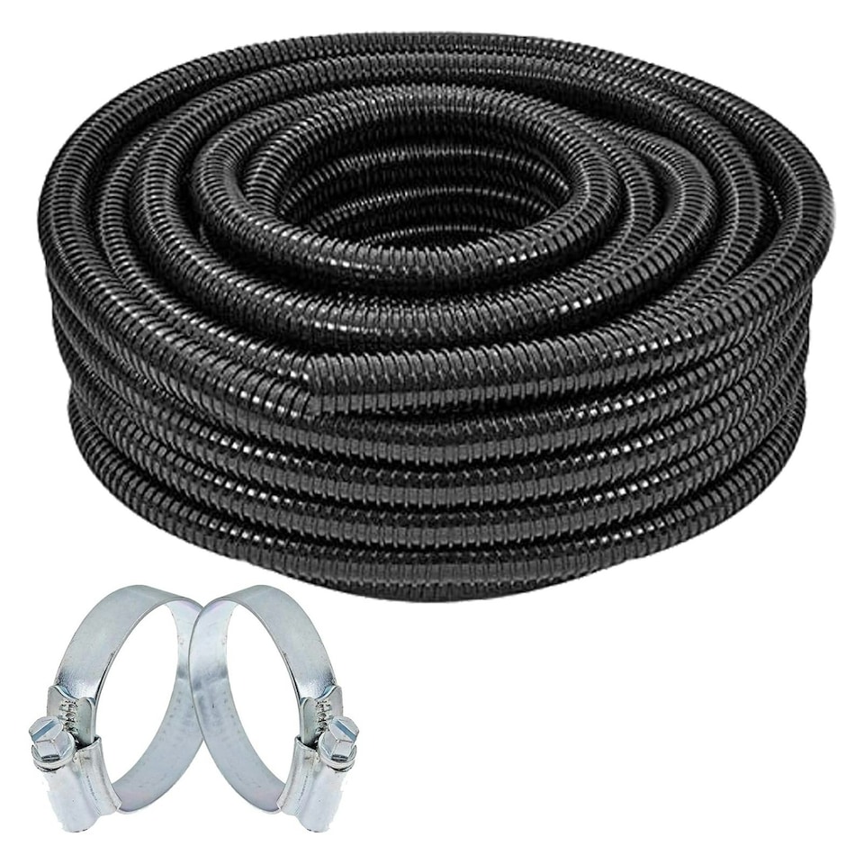image 1 of SPARES2GO Corrugated Flexible Garden Fish Pond Marine Boat Hose Tube Pipe + 2 Clamp Clips (10m Length x 32mm Diameter) Black