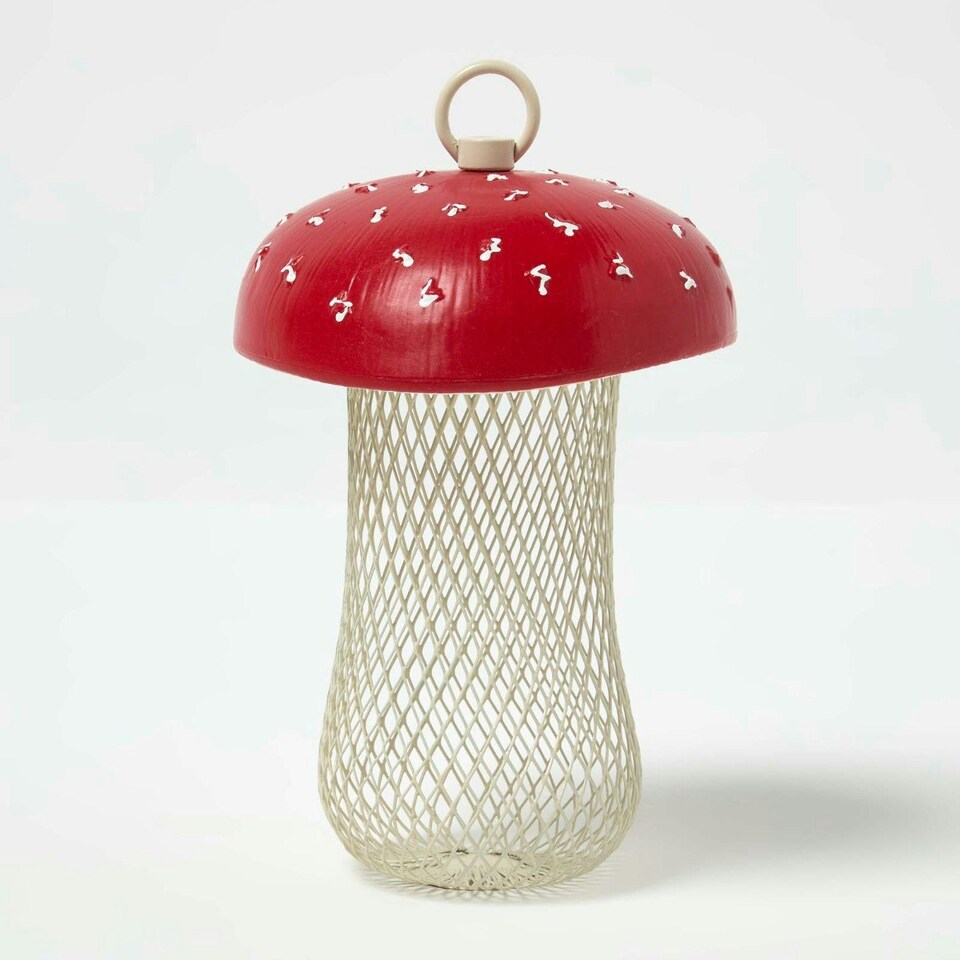 image 1 of Homescapes Red Mushroom Hanging Bird Feeder