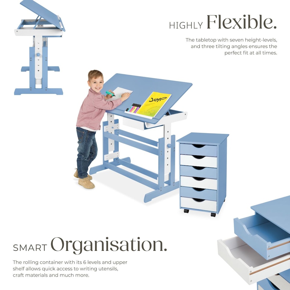 image 1 of Kids Study Desk And Filing Cabinet Set Childrens Play Room Furniture MDF In 2 Colours 7 Step Adjustable Height | Blue | blue | 109 x 55 x 94 cm | 1
