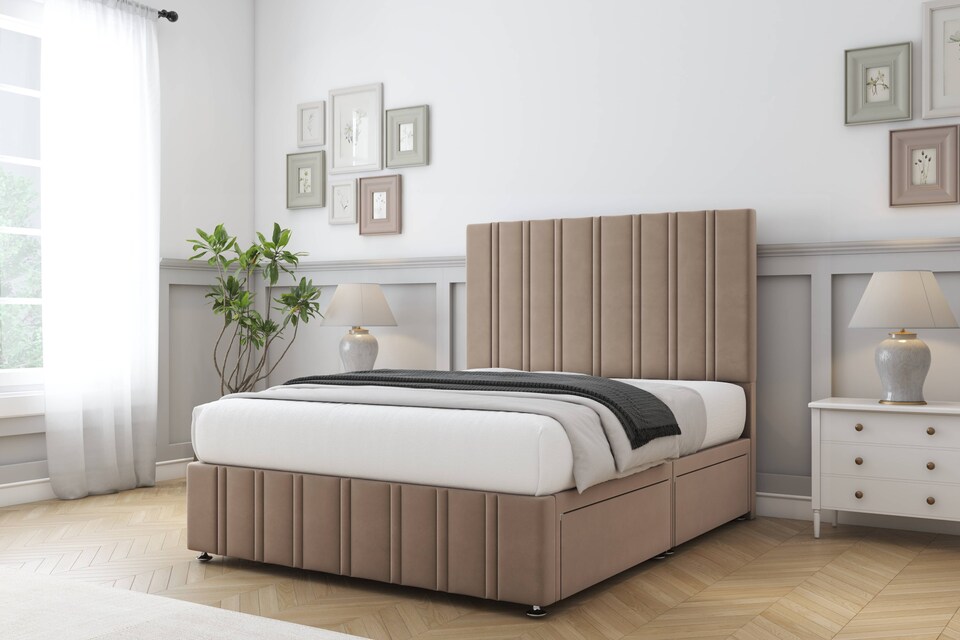 image 1 of Sloomy Langston Mink Plush Divan Bed Base 4 Drawers With 26 Inch Strutted Headboard & 12 Inch Matching Footboard | Brown | Mink | Double | 1