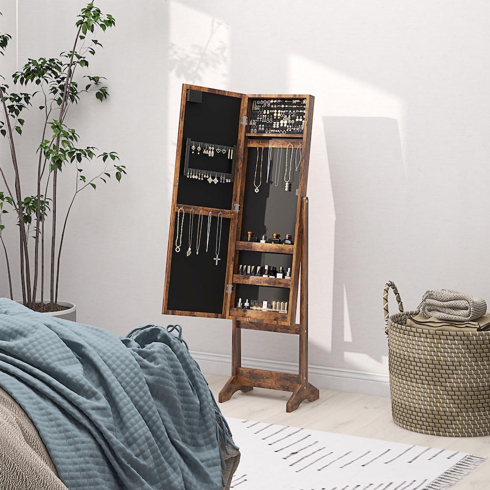 image 1 of HOMCOM Freestanding Mirror Jewelry Cabinet with LED Lights, Jewellery Organiser with 3 Angle Adjustable, Full-Length Mirror with Storage for Earrings, Necklaces, Rings and Lipsticks, Rustic Brown | Brown | Rustic Brown