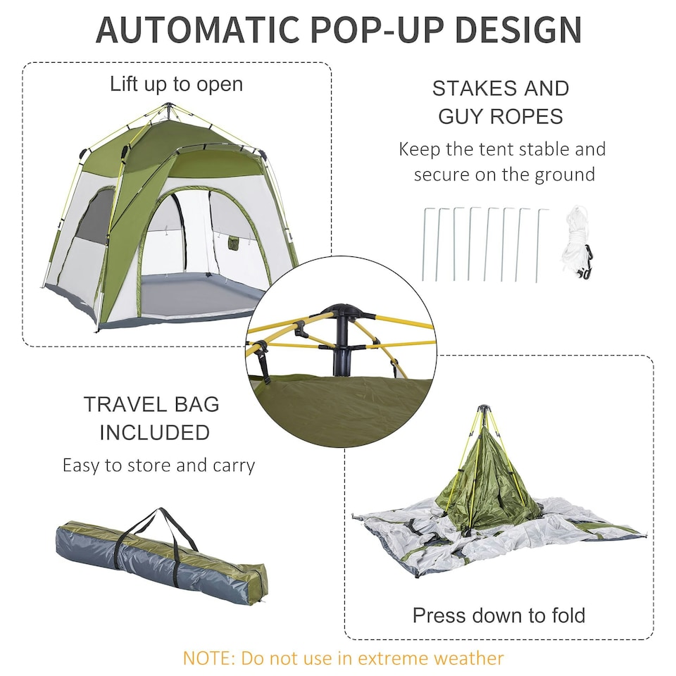 image 1 of Outsunny 4 Man Pop Up Tent Camping Backpacking Dome Tent, Green