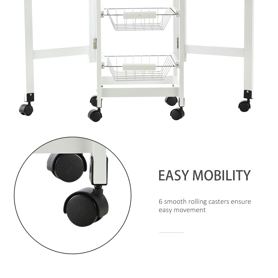 image 1 of HOMCOM Drop-Leaf Kitchen Trolley w/ 3 Baskets, Drawer, 6 Wheels, White