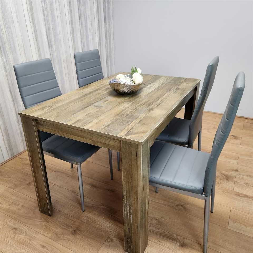 image 1 of Dining Table and 4 Chairs Rustic Effect Wood Table 4 Grey Leather Chairs Dining Room Brown