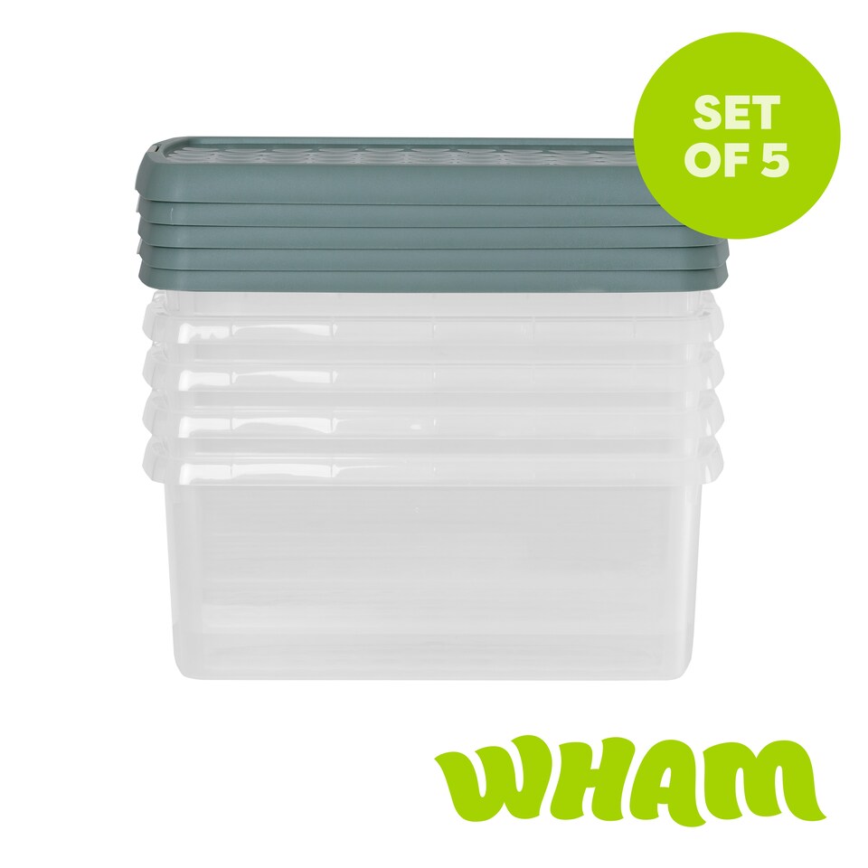 image 1 of Wham Clip 5x 10.5L Rectangular Plastic Storage Boxes with Clip Lock Lids. Ideal for Home, Office, Toys & More - Clear/Green Milieu | Green | Green Milleu | 5