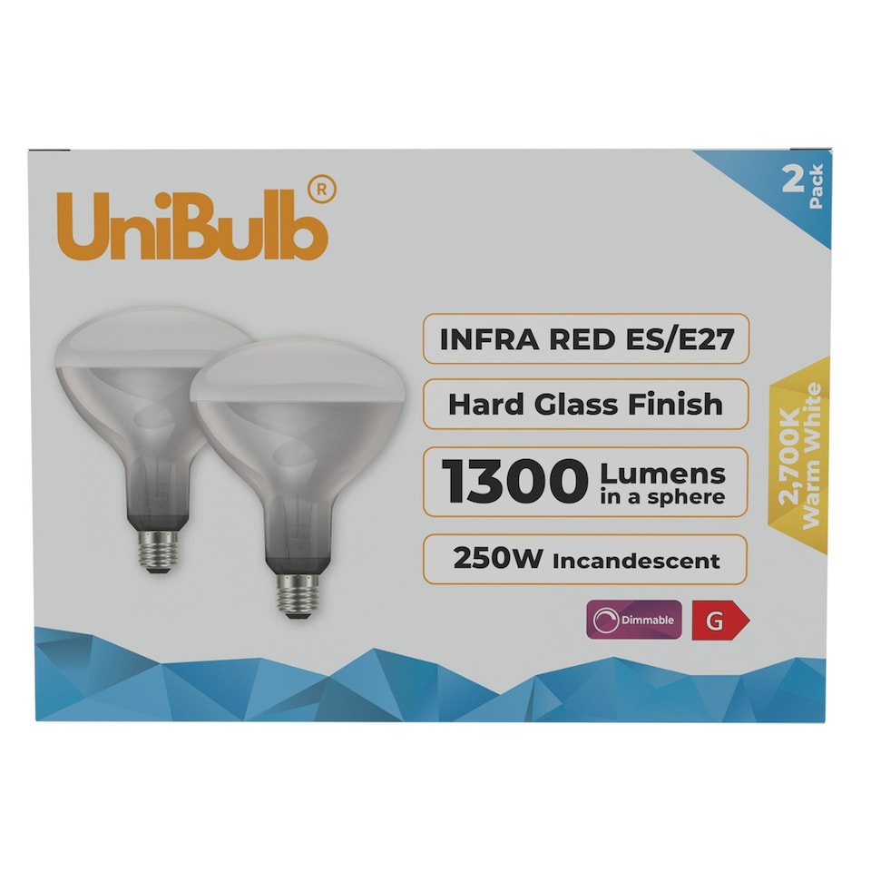 image 1 of UniBulb Infra-Red Heater Lamp Bulb E27 1300lm 250W 2700K - Pack of 2