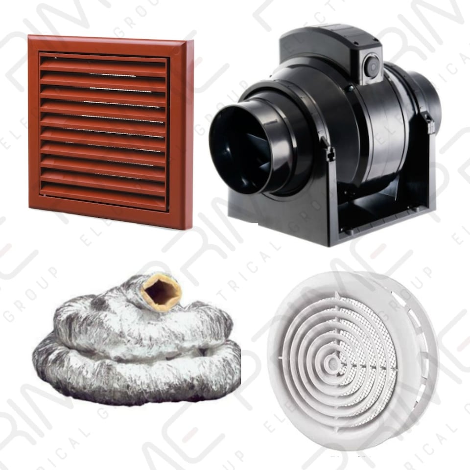 Manrose MF100T In-Line Timer Fan 100mm/4"+ 3m Insulated Duct and White Internal Grille and Terracotta External Grille