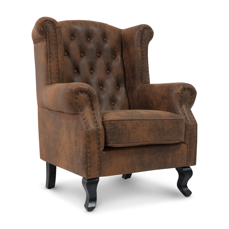 image 1 of Faux Leather Brown Suede Balmoral Wing Back Chair with Buttons