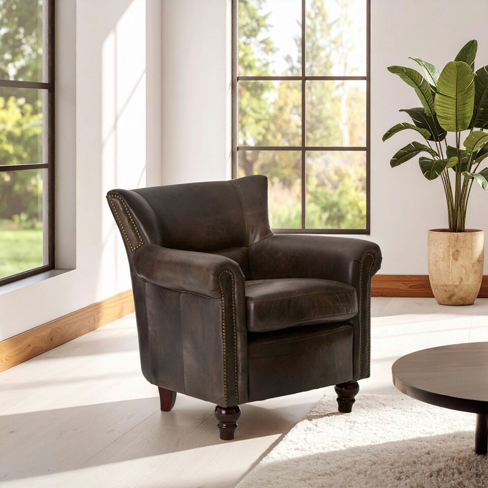 image 1 of Cozy Dark Grey Scroll Armchair,Heritage Design Chair With Copper Studded Detail,Walnut Wooden Lounge Seat Brown