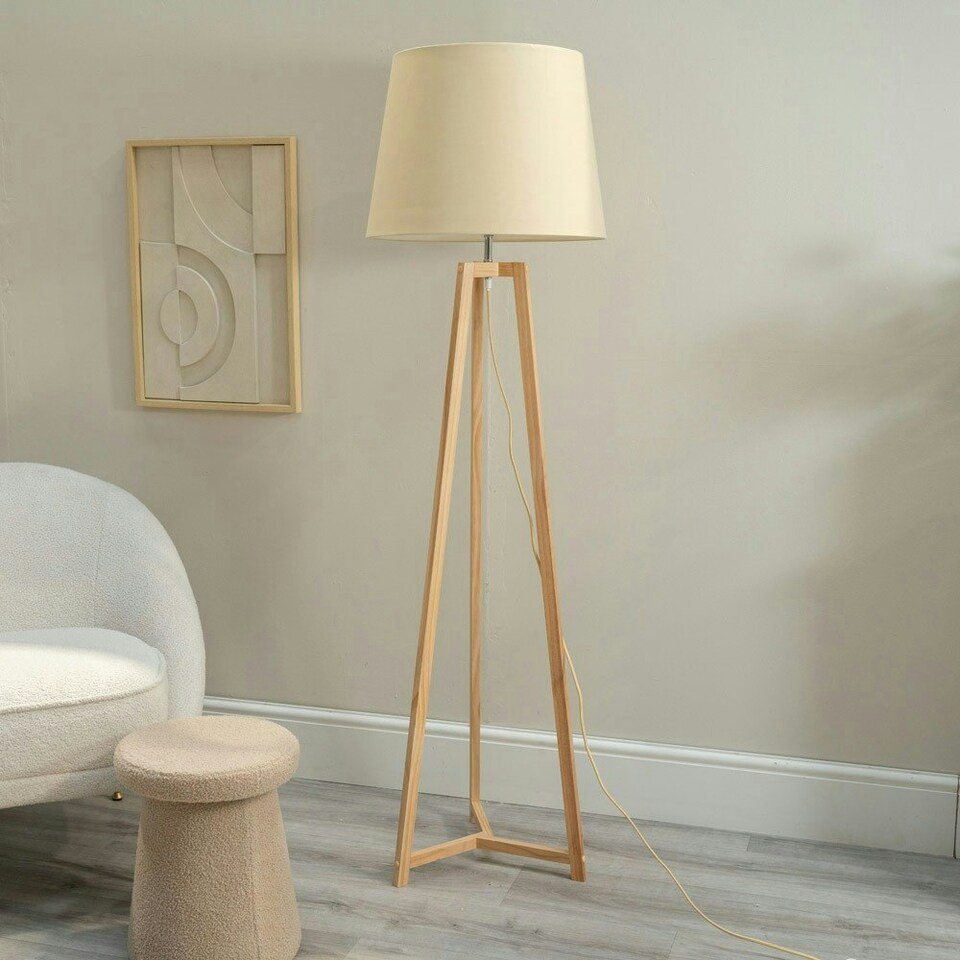image 1 of ValueLights Lottie Natural Wood Tripod Floor Lamp with Beige Fabric Tapered Shade and LED Bulb