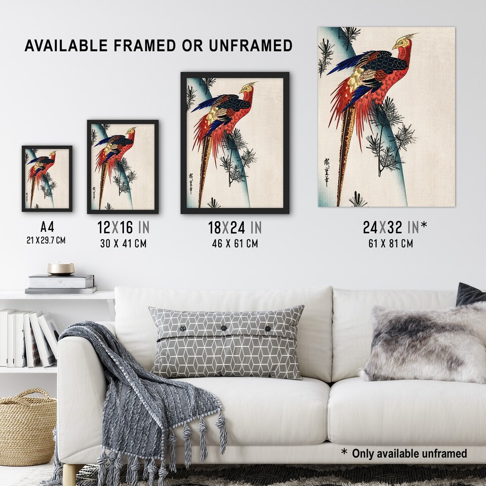 image 1 of Pheasant and Small Pine Vintage Japan Wall Art Print Hiroshige 18x24"