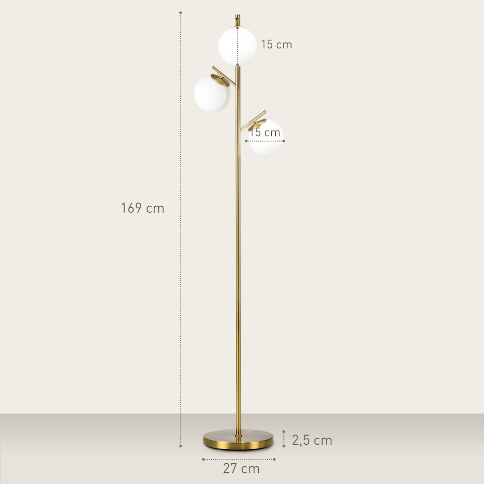 image 1 of HOMCOM 3-Light Tree Floor Lamps for Living Room, Modern Standing Lamp for Bedroom with Globe Lampshade, 3000K/4000K/6000K Colour Temperatures, Steel Base, Gold Tone | Gold