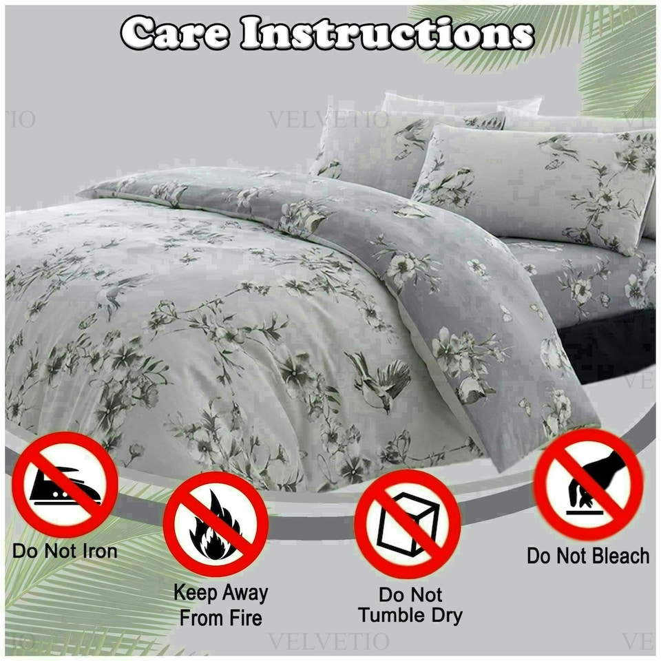 image 1 of VELVETIO Birdie Blossom Printed Duvet Cover Set Reversible Polycotton Beddings Grey | Single