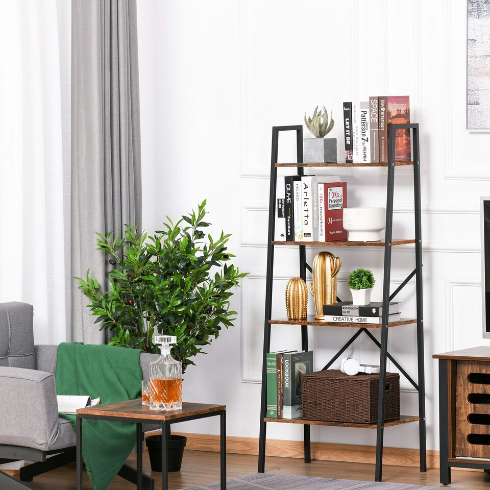 image 1 of HOMCOM 4-Tier Minimalistic Ladder Shelf Unit Steel Frame Display Storage