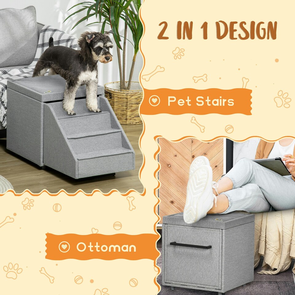 image 1 of PawHut 2 in 1 Dog Steps Ottoman, Pet Stairs for Small Medium Dogs and Cats Grey