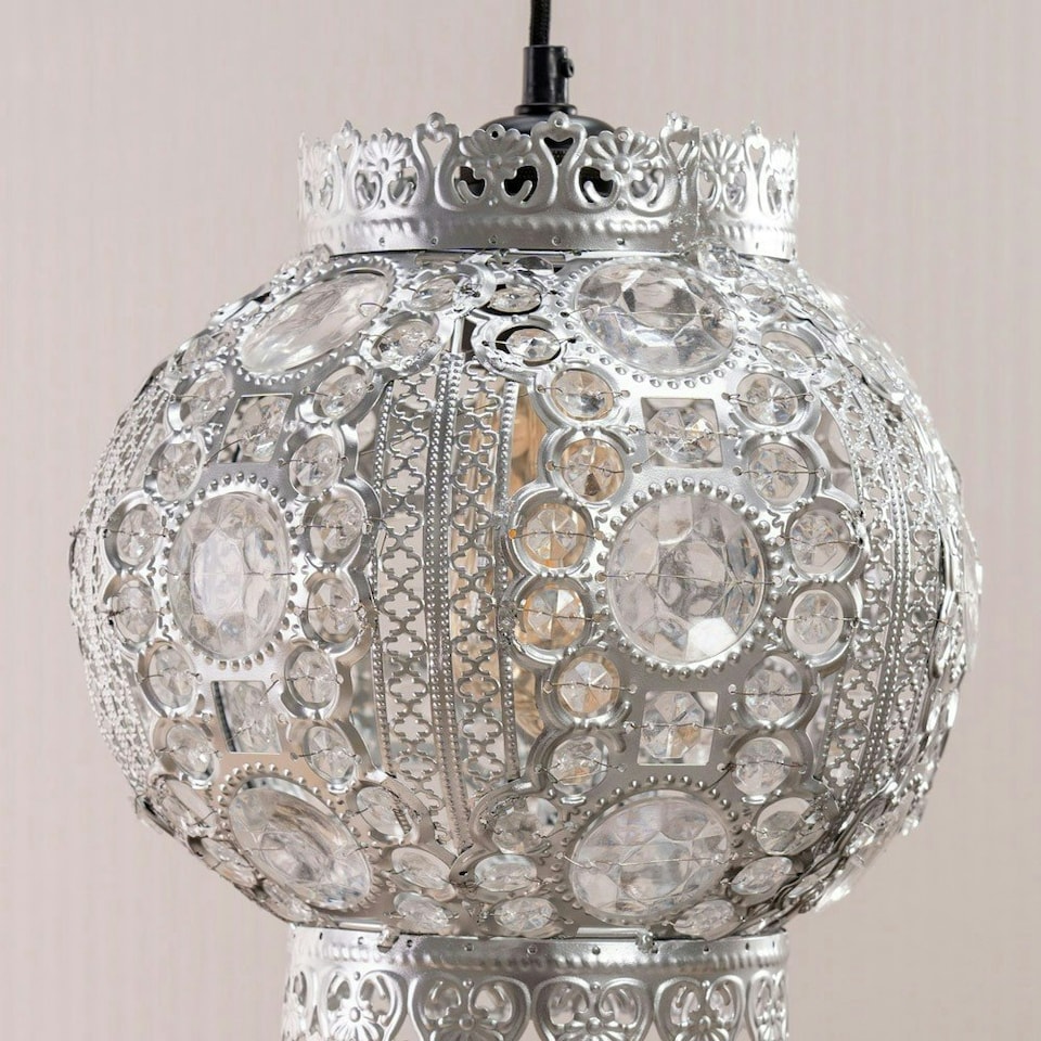 image 1 of ValueLights Bazaar Moroccan Silver Lamp Shade Acrylic Droplets & Bulb Silver