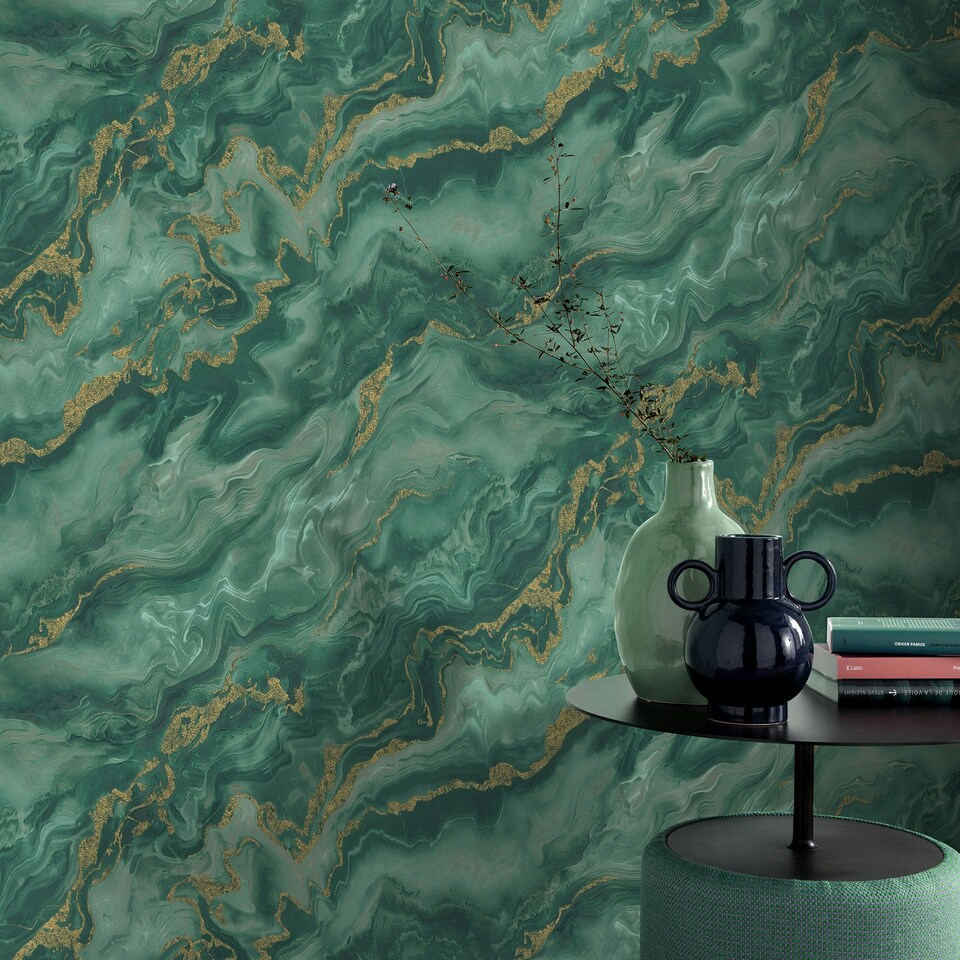 image 1 of Elle Mystic Marble Green/Gold Wallpaper | Multi