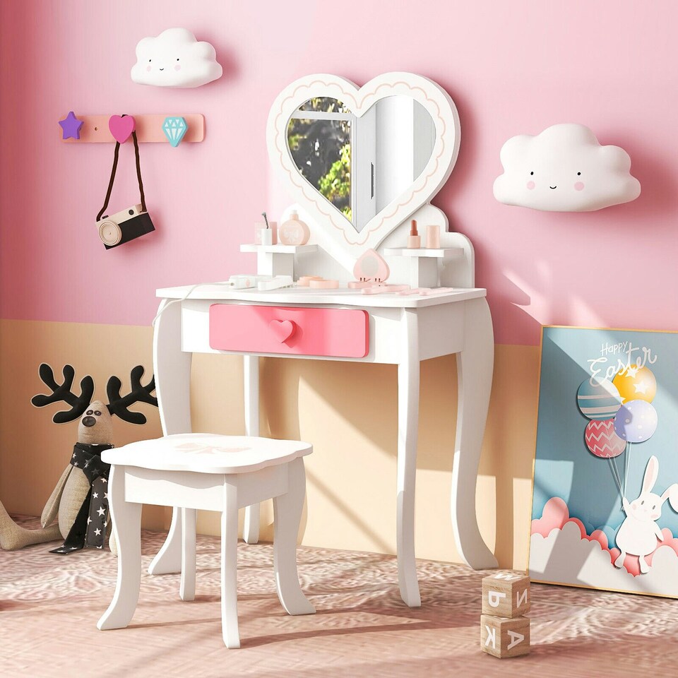 image 1 of COSTWAY 2-in-1 Kids Vanity Set Makeup Table & Chair Set